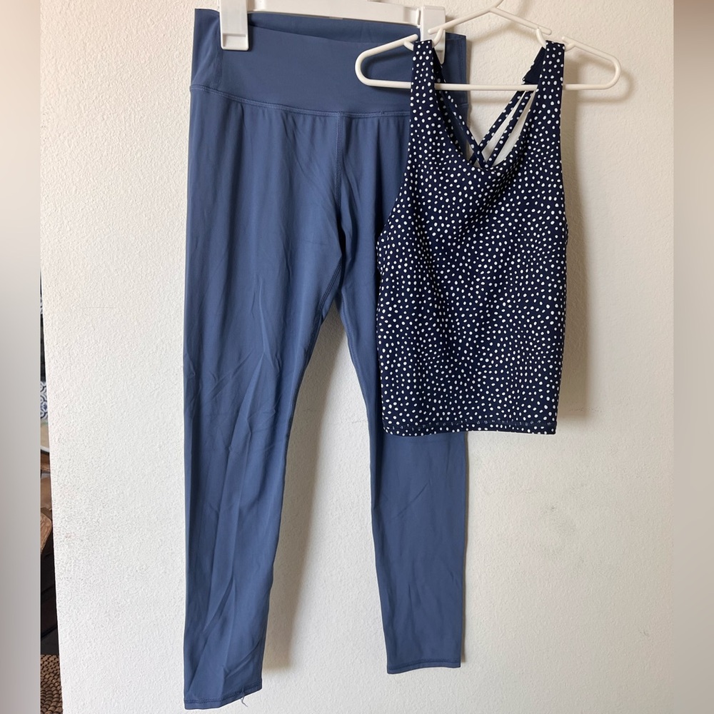 All in Motion Athletic Top and Legging Set in Navy Polka Dot and Dusty Blue
